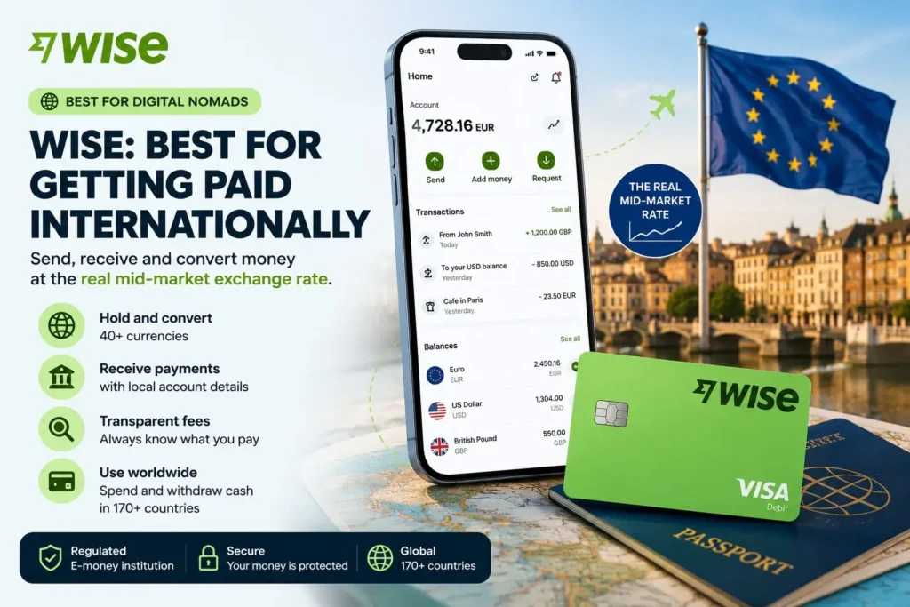 Best Banking Apps for EU Digital Nomads in 2026 (Wise, Revolut, N26 & More) 7 Wise app illustration for EU digital nomads showing international transfers, multi-currency banking, and travel-friendly digital banking features.