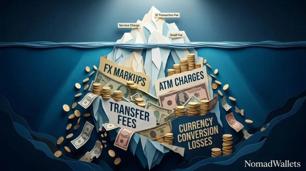 Illustration explaining foreign transaction fees, ATM fees and currency conversion costs.