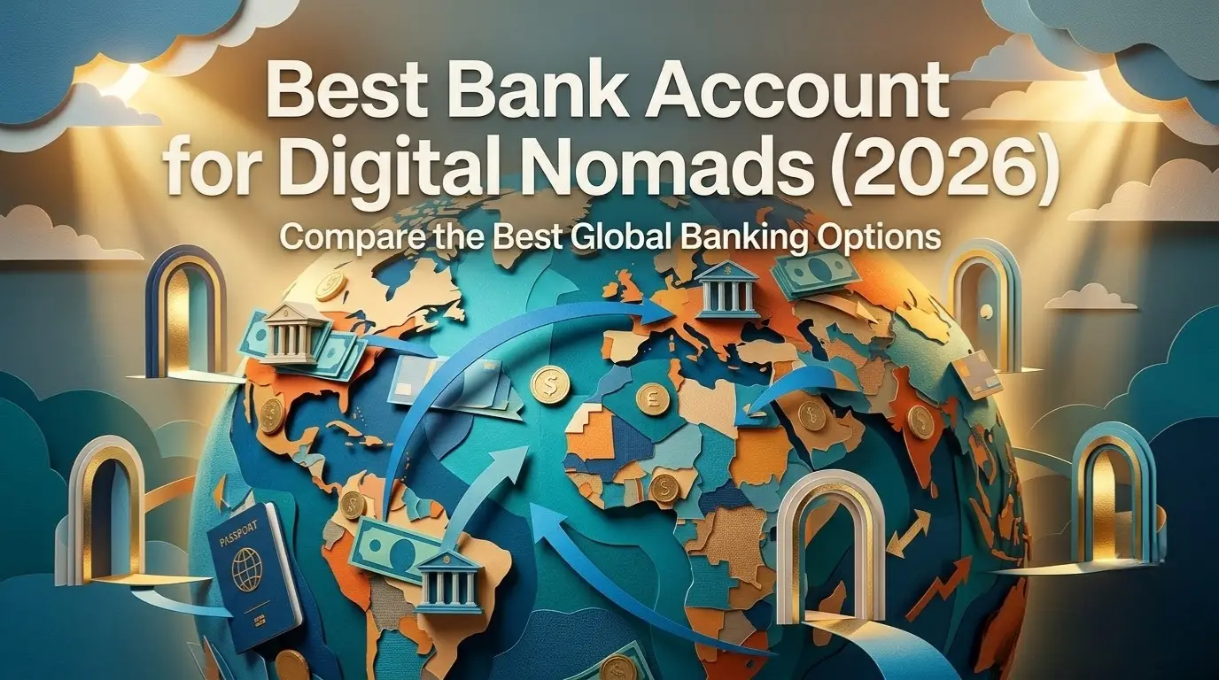 Best bank account for digital nomads comparison in 2026 featuring global banking, travel, and multi-currency finance.