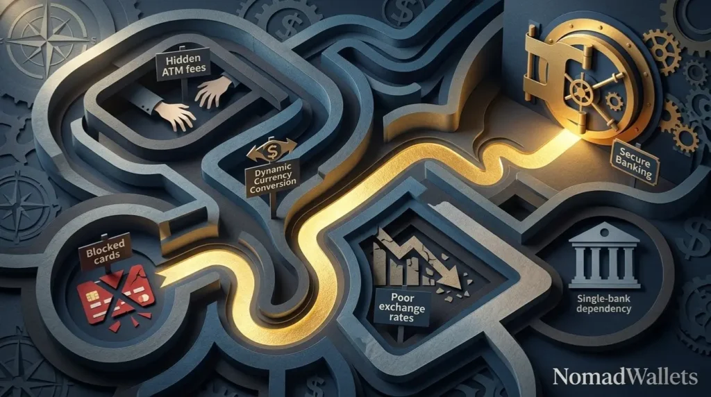 Illustration showing common banking mistakes digital nomads should avoid while traveling.