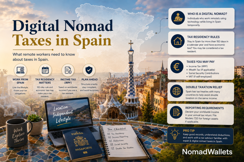 Digital Nomad Taxes in Spain showing tax residency, income tax, social security, double taxation, and reporting requirements