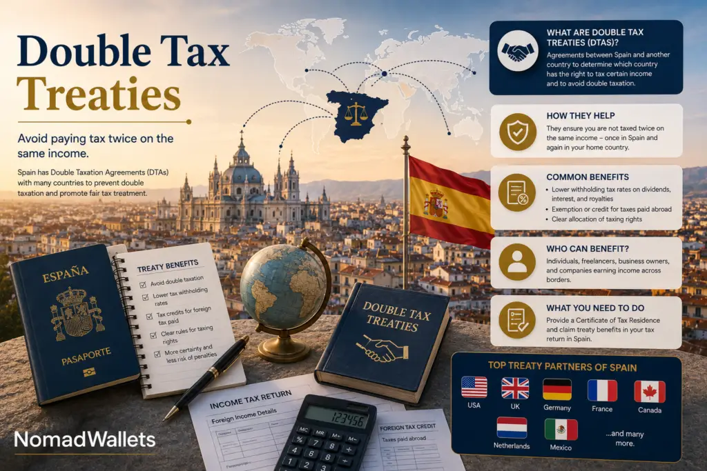 Double Tax Treaties in Spain showing tax relief, foreign tax credits, and treaty benefits for expats