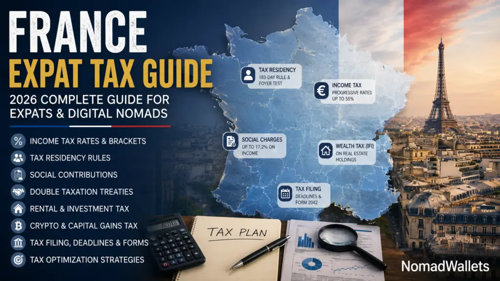 France Expat Tax Guide 2026 hero image featuring the map of France, Paris skyline with the Eiffel Tower, and tax icons representing residency, income tax, wealth tax, crypto, social contributions, and tax filing for expats and digital nomads.