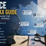 France Expat Tax Guide 2026 hero image featuring the map of France, Paris skyline with the Eiffel Tower, and tax icons representing residency, income tax, wealth tax, crypto, social contributions, and tax filing for expats and digital nomads.