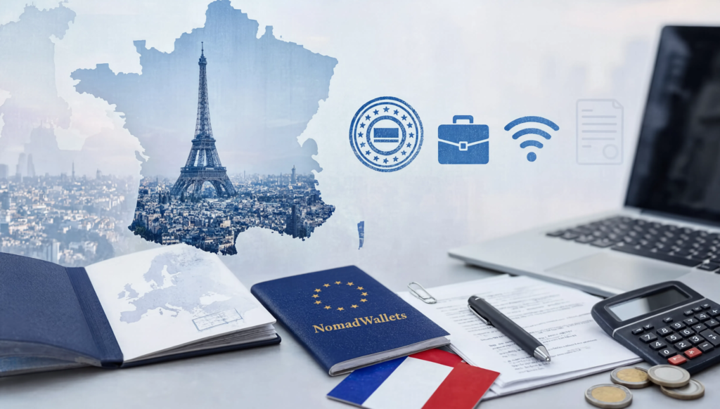 France Expat Tax Guide 2026: Complete Breakdown for Nomads and Remote Workers 8 Map of France with Paris skyline, passport, remote work documents, and tax planning elements illustrating that France has no digital nomad visa or Beckham Law equivalent.