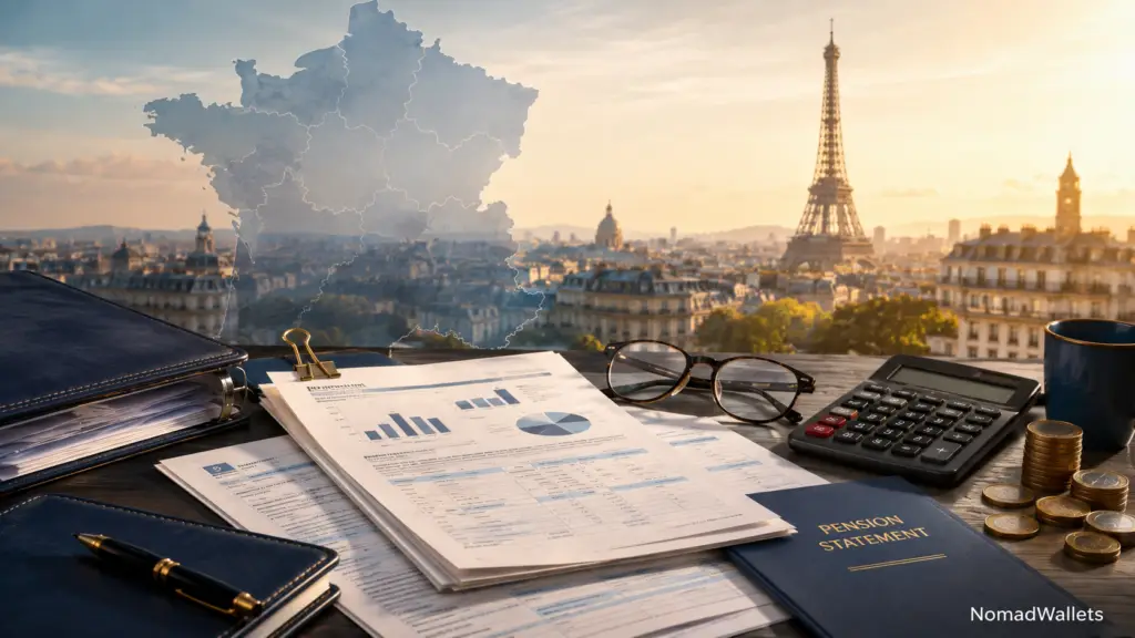 France Expat Tax Guide 2026: Complete Breakdown for Nomads and Remote Workers 12 French pension and retirement income tax illustration with pension statements, calculator, euro coins, tax documents, and a subtle map of France with the Paris skyline.