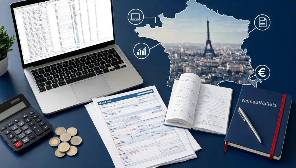 France Expat Tax Guide 2026: Complete Breakdown for Nomads and Remote Workers 9 French self-employment tax illustration featuring a freelancer workspace with invoices, calculator, Form 2042-C PRO, euro coins, and a subtle map of France.