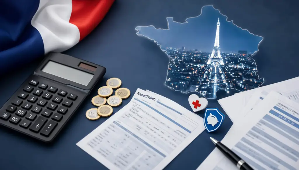 France Expat Tax Guide 2026: Complete Breakdown for Nomads and Remote Workers 7 French social contributions CSG and CRDS illustrated with a calculator, euro coins, payslip, healthcare and pension icons, and a subtle map of France.