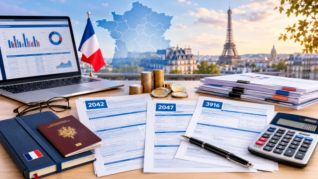 France Expat Tax Guide 2026: Complete Breakdown for Nomads and Remote Workers 11 French tax filing workspace with Form 2042, Form 2047, calculator, passport, euro coins, and a subtle map of France representing filing requirements for expats in 2026.