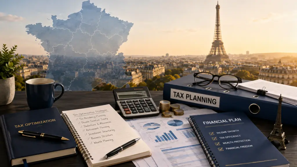 France Expat Tax Guide 2026: Complete Breakdown for Nomads and Remote Workers 13 France tax optimization strategies for expats featuring a tax planning workspace with financial documents, calculator, euro coins, and a subtle map of France with the Paris skyline.