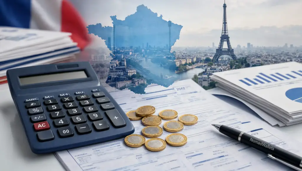 France Expat Tax Guide 2026: Complete Breakdown for Nomads and Remote Workers 6 French Income Tax Brackets for 2026 with calculator, euro coins, Form 2042 tax documents, and a subtle map of France representing the country's progressive income tax system.