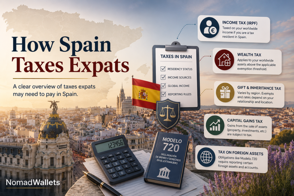 How Spain taxes expats with Spanish income tax, Wealth Tax, capital gains, foreign asset reporting, and Modelo 720