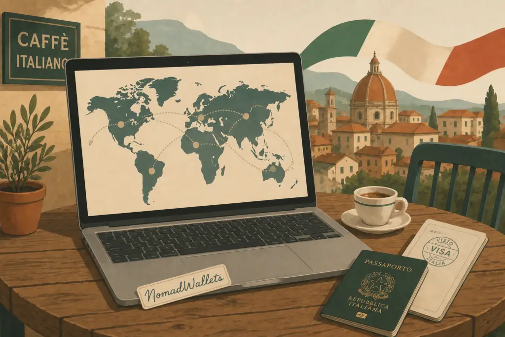 Illustration of a digital nomad working remotely under Italy's nomad visa tax rules