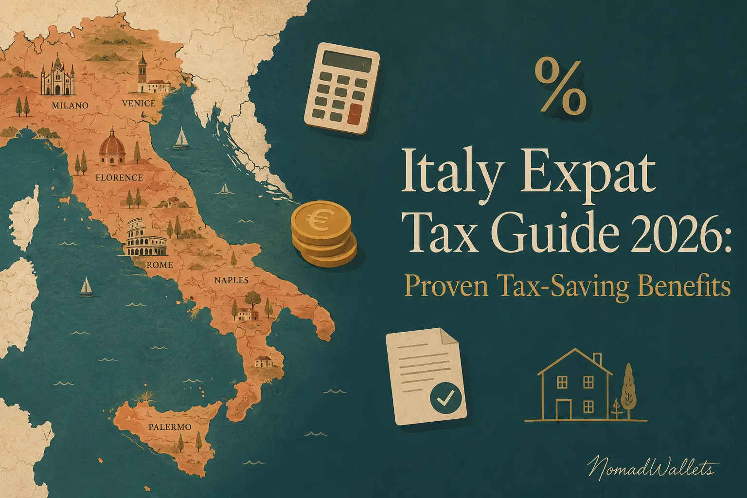 Italy Expat Tax Guide 2026 hero image showing map of Italy with tax icons