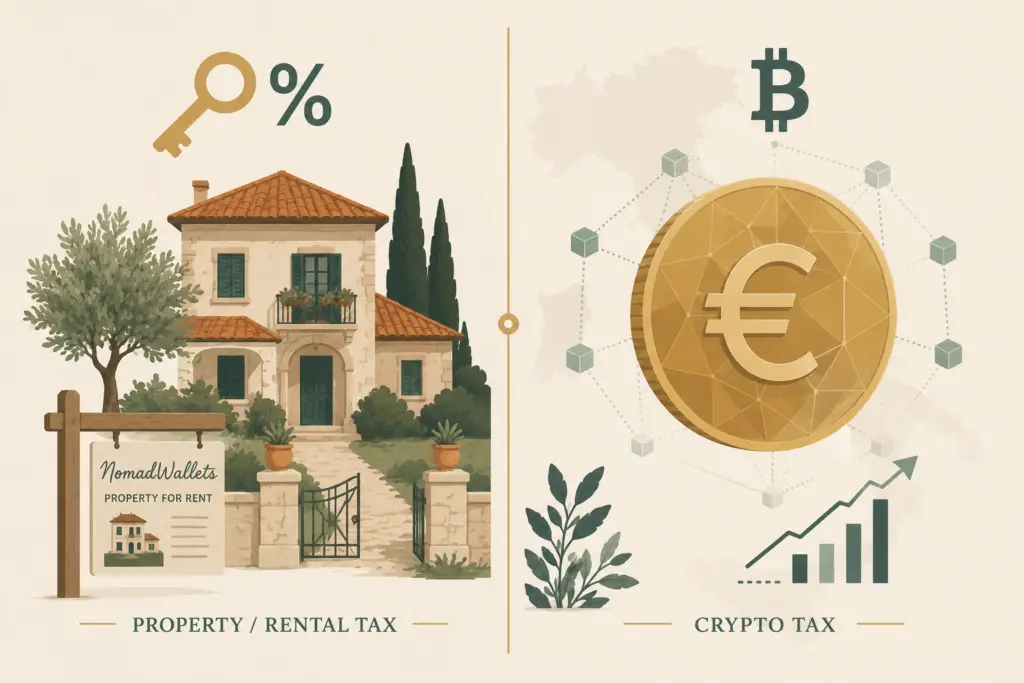 Illustration covering Italy's property, rental, and cryptocurrency tax rules