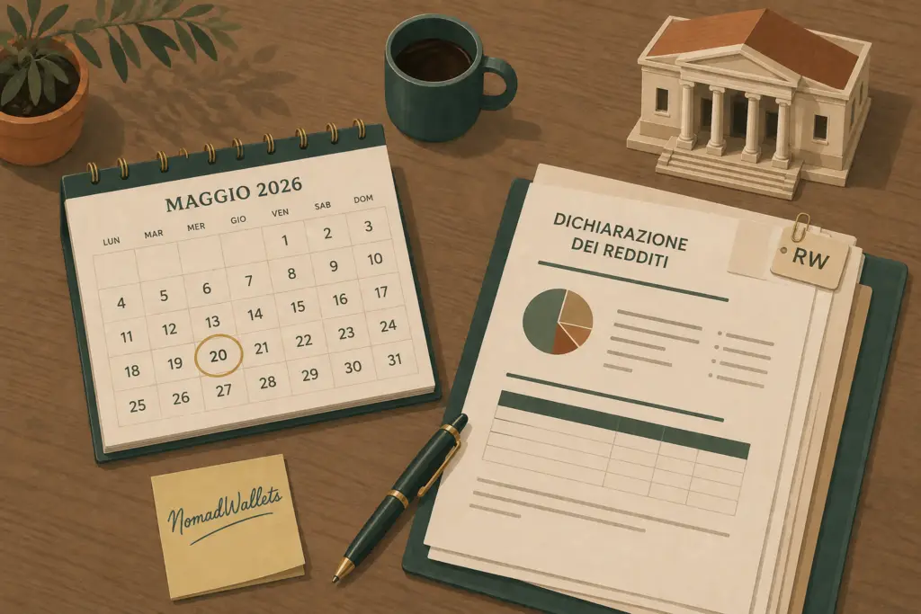 Illustration of Italian tax filing documents and 2026 deadline calendar