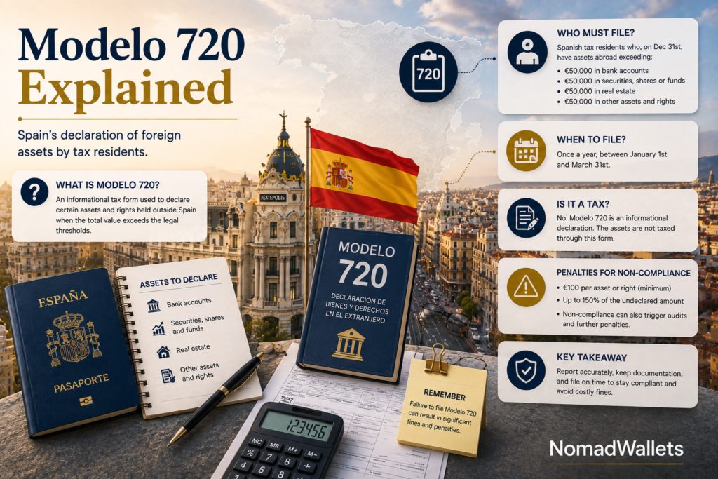 Modelo 720 explained for Spain tax residents, including foreign asset reporting thresholds, filing deadlines, and penalties