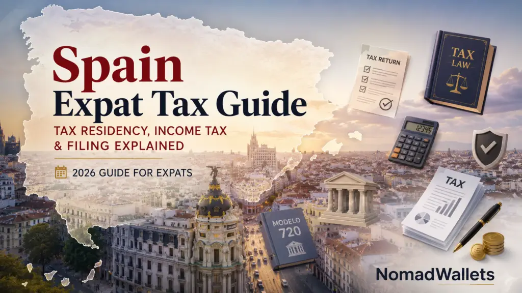 Spain Expat Tax Guide 2026 with Spain map, Madrid cityscape, tax documents, and Modelo 720