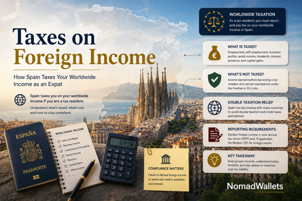 Taxes on foreign income in Spain showing worldwide income, double taxation relief, and foreign income reporting for expats