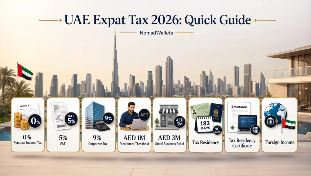 UAE Expat Tax 2026 quick guide showing 0% personal income tax, 5% VAT, 9% corporate tax, tax residency and foreign income rules in Dubai
