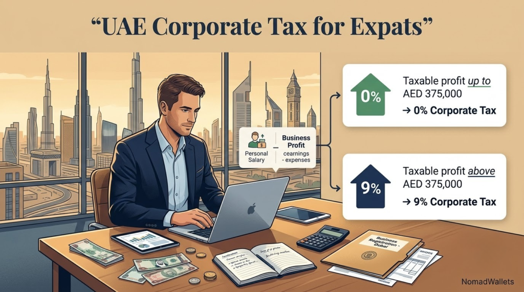 UAE Corporate Tax for expats showing the AED 375,000 taxable profit threshold and 9% corporate tax rate