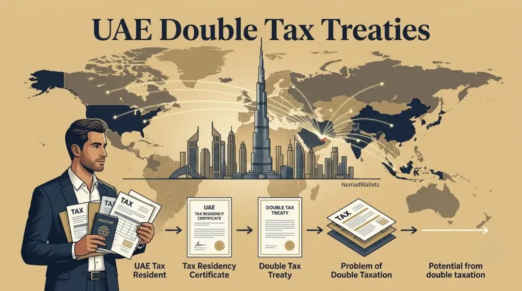 UAE Double Tax Treaties showing the UAE connected with international countries and a Tax Residency Certificate for treaty benefits