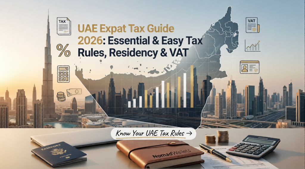 UAE Expat Tax Guide 2026 with Dubai skyline, transparent UAE map and tax icons