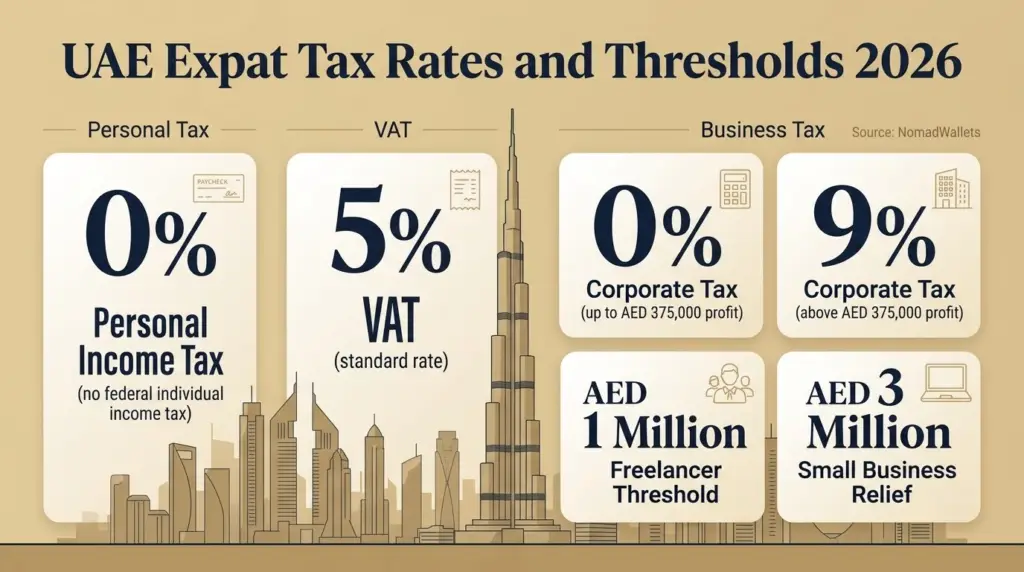 UAE Expat Tax Rates and Thresholds 2026 showing 0% personal income tax, 5% VAT, 0% and 9% corporate tax and key AED thresholds