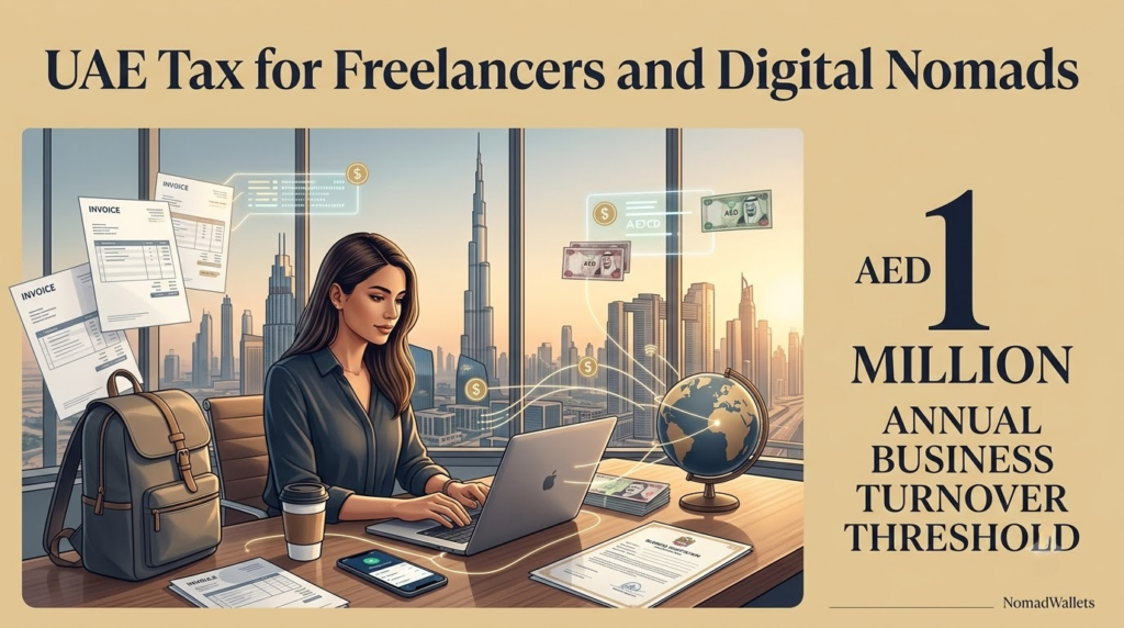 UAE tax for freelancers and digital nomads showing remote work, AED 1 million business turnover threshold and Corporate Tax considerations