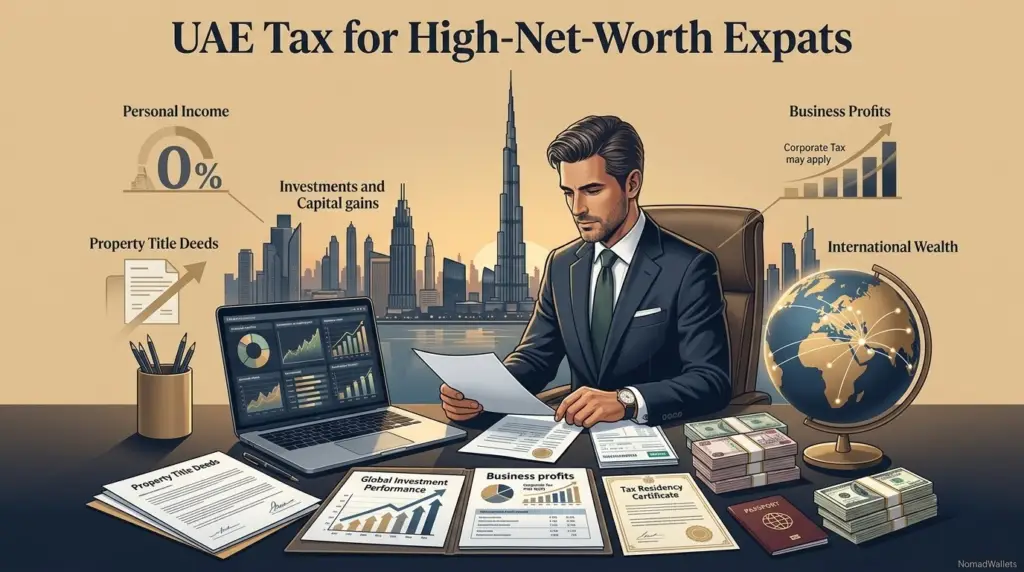 UAE tax for high-net-worth expats showing personal income, investments, business profits and international wealth considerations