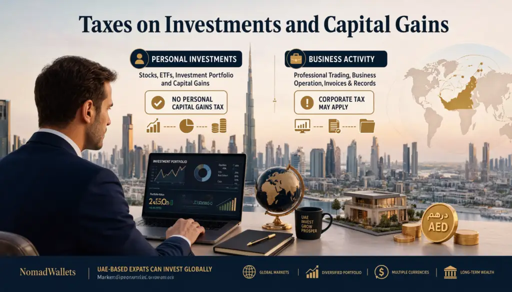 Taxes on investments and capital gains in the UAE showing personal investments and business activity tax treatment