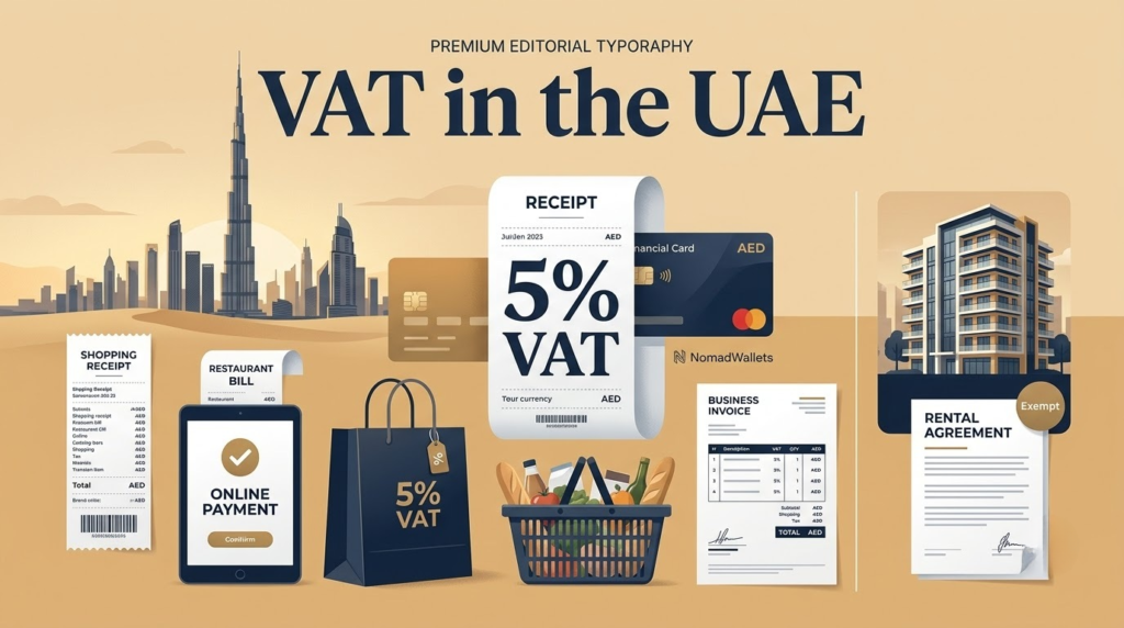 VAT in the UAE showing the 5% standard VAT rate on most goods and services and residential rent exemption